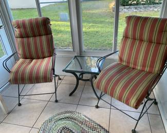 Patio set with two metal chairs, and side table