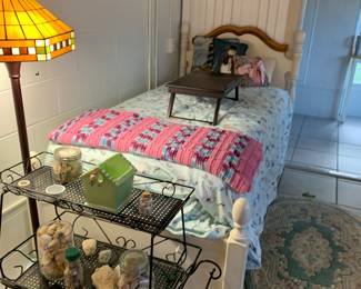 Vintage lamp, rolling tray, twin bed, rugs