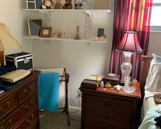 Side table and dresser, decor, etc.