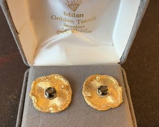 Vintage Gold Tone Abstract Flower Earrings with Smoky Quartz Stones