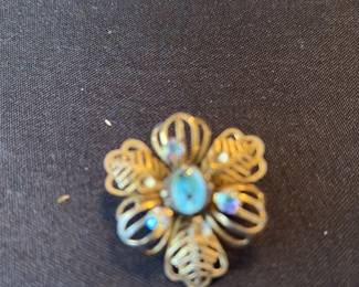 Vintage Floral Brooch with Aurora Borealis Rhinestones