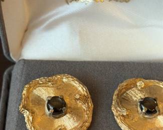 Vintage Gold Tone Abstract Flower Earrings with Smoky Quartz Stones