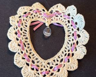 Vintage Crocheted Doily with Ribbon and Crystal