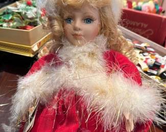 Porcelain Doll with Red Christmas Dress