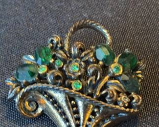 Vintage Basket Brooch with Green Rhinestones