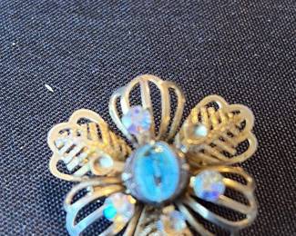 Vintage Floral Brooch with Aurora Borealis Rhinestones