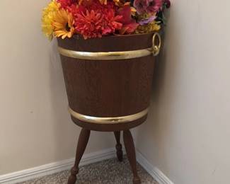Vintage Wooden Barrel Planter with Brass Accents and Faux Flowers