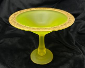 Vintage Uranium glass compote w/ gold rim trim, 6.5"H x 7.5"D,  $45