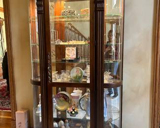 Tall curved glass lighted curio cabinet, 53”W x 81.5”H x 12” D,   $645