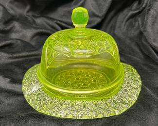 Vintage Uranium glass dish with lid, Queen's Pattern, 8"D x 5"H,  $75