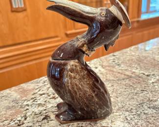Redware Pelican Bird Gold Bow Herringbone bottle decanter,  $20