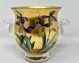 Scott Potter Reverse painted iris & gold vase, 5”H x 6”D, $48
