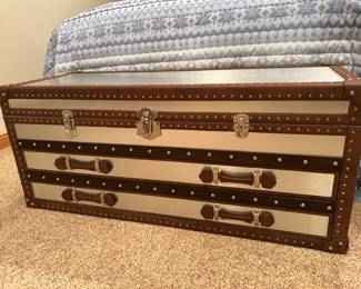 Timothy Oulton Harrow Trunk in steel and brown leather accents with 2 pull out drawers, 4'W x 18.5"D x 20.5"H, $595 (Retail $1,900)