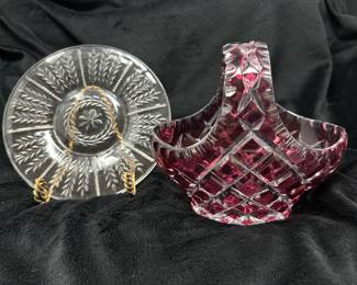 Small depression clear glass plate, 6.5"D,  $6.  Hand cut cranberry crystal basket, 6" x 6", $24