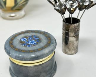 Alabaster blue floral trinket box(Italy), $12, Small Silver vase with glass pins, $12