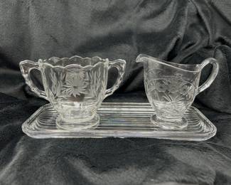 Vintage etched milk & creamer on serving platter,  $12