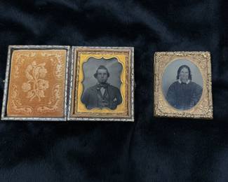 Antique leather bound 2 piece frame with photo portrait of man, 3"H, $35. Gold frame with portrait photo of woman, 2.5"H,  $28
