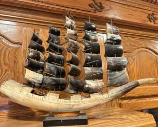 Vintage large carved horn ship with five sails, $95