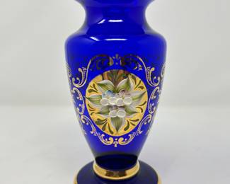 Bohemian Czeck Cobalt blue & gold gilt enamel raised floral vase, 8"H,  $34