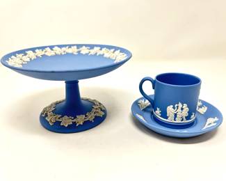 Wedgewood blue Jasperware compote,  $20.  Wedgewood blue Jasperware Demi clip and saucer, $12