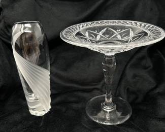 Lenox Windswept clear and frosted vase, 7"H,  $15.  Crystal compote, 6.5"H,  $12