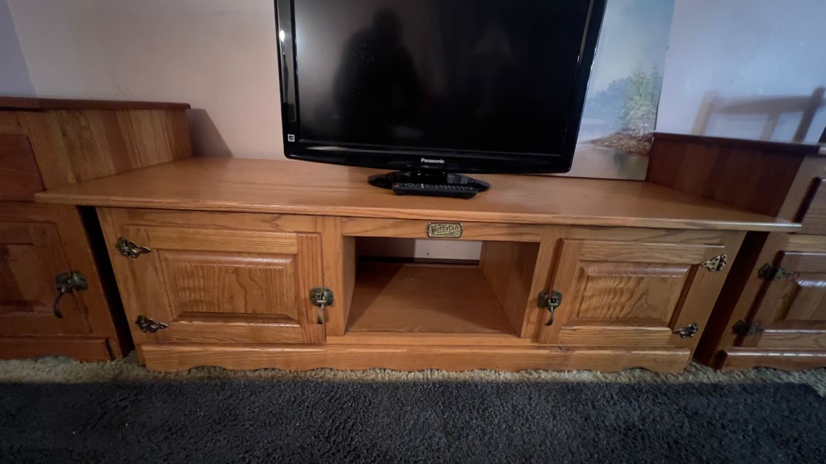 White Clad vintage solid oak ice box end tables and TV Stand