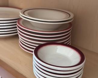 Set of Dinner Plates and Bowls with Burgundy Rim