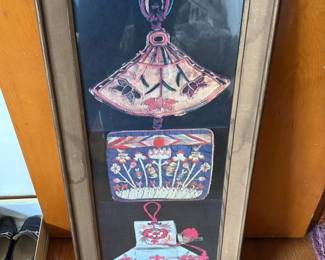 Framed Collection of Victorian Needlework Pouches and Accessories