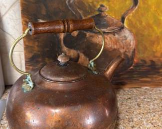 Antique Copper Kettle with Wooden Handle