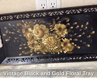 Vintage Black and Gold Floral Tray