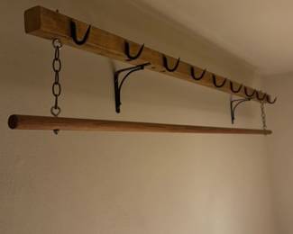 Wall-Mounted Wooden Tool Rack with Metal Hooks