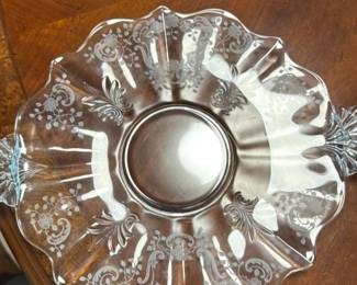 Antique Etched Glass Serving Bowl with Metal Handles