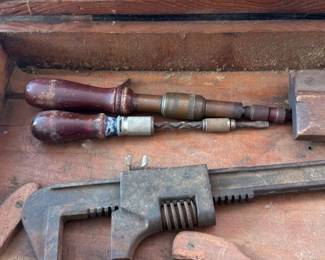 Antique Wooden Tool chest with Assorted Tools