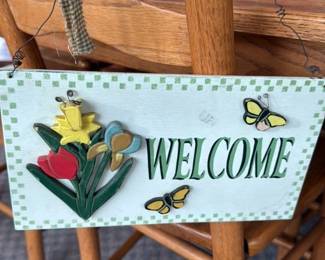 Wooden Welcome Sign with Butterflies and Flowers