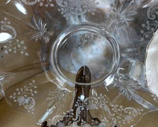 Antique Etched Glass Serving Bowl with Metal Handles