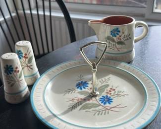 Vintage Hand Painted Ceramic Pitcher, Cake Stand and Salt & Pepper Shaker Set