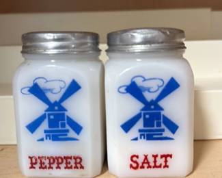 Vintage Milk Glass Salt and Pepper Shakers with Windmill Design
