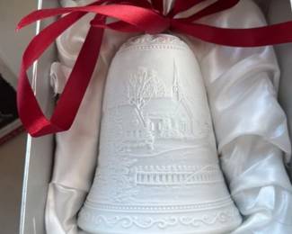 White Porcelain Bell with Village Scene and LED Light