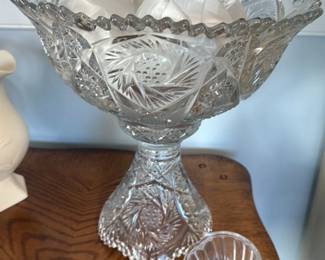 Antique Crystal Punch Bowl Set with Ladle