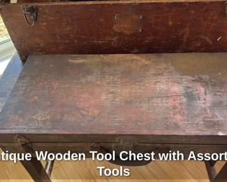 Antique Wooden Tool chest with Assorted Tools