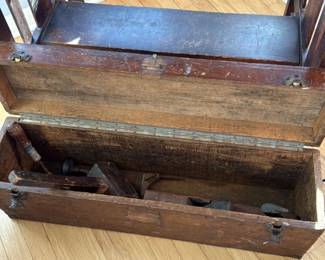 Antique Wooden Tool chest with Assorted Tools