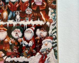 Framed Christmas Artwork Featuring Multiple Santas