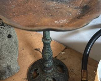 Vintage Cast Iron Leaf Dish and Concrete Garden Gnome