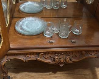 Vintage Etched Glassware Set with Display Cabinet