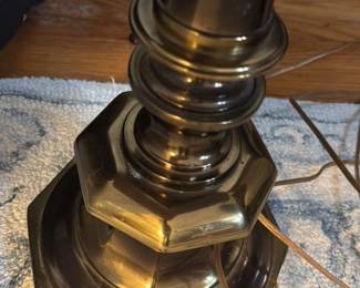 Pair of Vintage Brass Table Lamps with Pink Pleated Shades