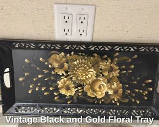 Vintage Black and Gold Floral Tray