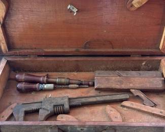 Antique Wooden Tool chest with Assorted Tools