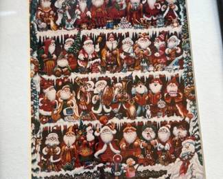 Framed Christmas Artwork Featuring Multiple Santas
