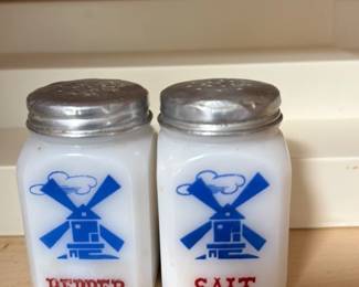 Vintage Milk Glass Salt and Pepper Shakers with Windmill Design