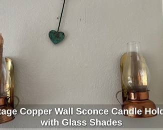 Vintage Copper Wall Sconce Candle Holders with Glass Shades